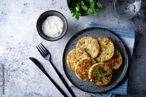 Zucchini dill parsley fritters with Greek Yogurt Sauce