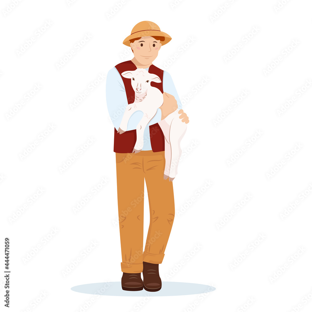 A young man or boy farmer holds a young lamb in his arms. The guy takes care of the sheep. Vector illustration domestic animal in flat style