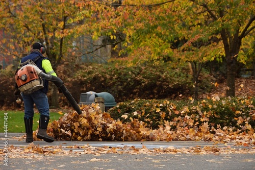 A man operating leaf blower to clean up the dried autumn leaves in the park. Blurred background. Copy space.
