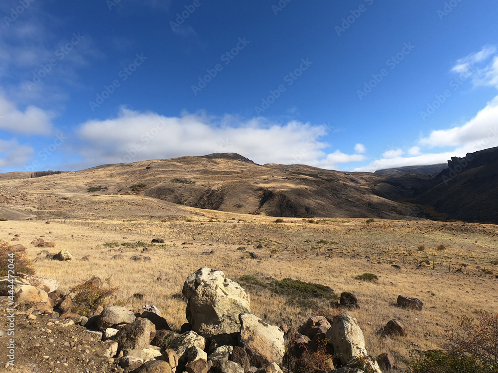 The yellow grassland and Andes mountains under a clear blue sky in a sunny day of autumn. 