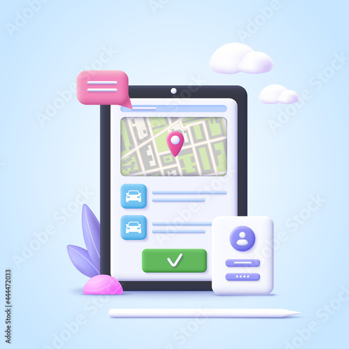 Concept of online car sharing service, ordering taxi car, rent.  Smartphone app. Phone with location mark and smart car. 3d realistic vector illustration.