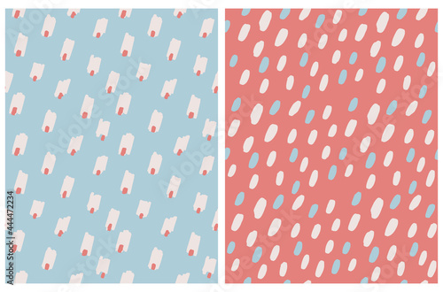 Abstract Geometric Seamless Vector Patterns. Beige, Red and Blue Irregular Brush Spots on a Light Blue and Red Backgrounds. Simple Abstract Irregular Spots Print. 