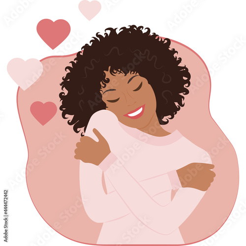 Self love. Black woman hugging herself.