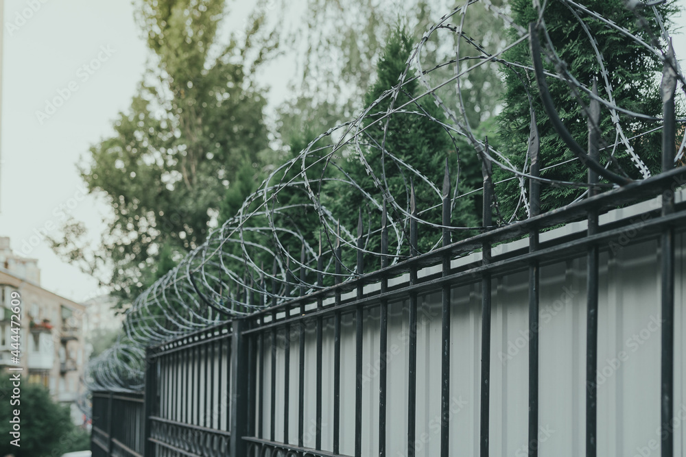 Barbed wire fencing on a metal fence with a forged lattice. Private area with limited access Barbed wire fencing on a metal fence with a forged lattice. Private area with limited access