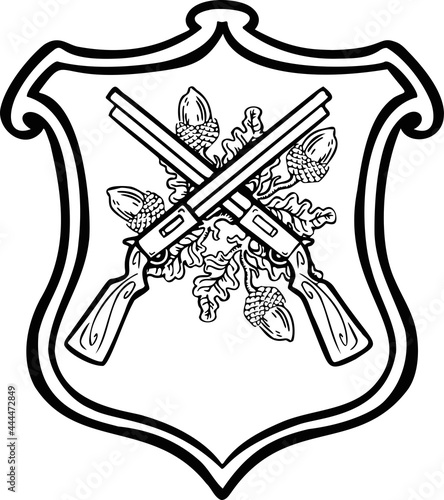 black and white linear sign, designation coat of arms of hunters shooters, hand drawn illustration vector