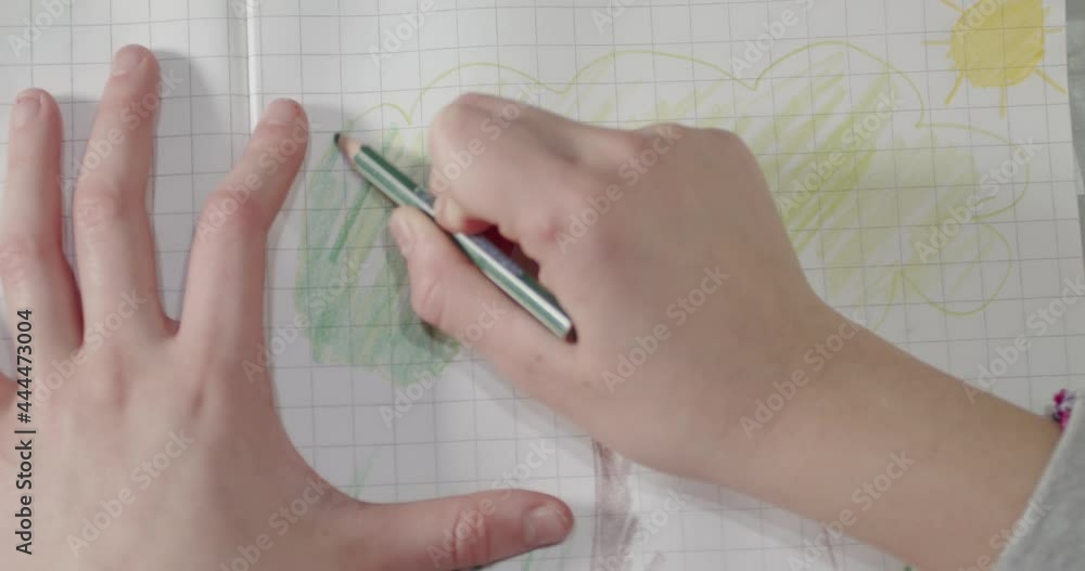 Close up of little girl hands is coloring the green foliage of an apple tree with a green pencil Close up of little girl hands is coloring the green foliage of an apple tree with a green pencil