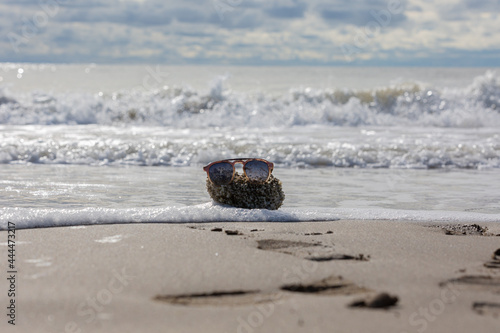 Strand mit Wellen und Strandgut Schwamm mit Brille 