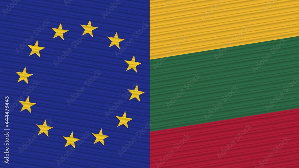 Lithuania and European Union Flags Together - Fabric Texture Illustration