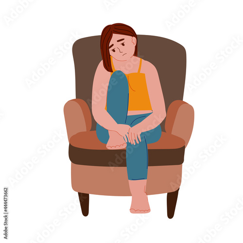 sad lonely depressed woman sitting in a chair. depression and mental health. mental disorders and psychotherapy. stock vector illustration of a girl on a white background.
