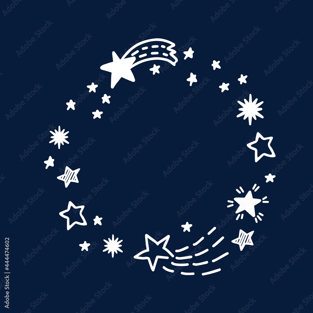 Doodle comets and stars hand drawn frame. Starry doodles vector illustration on the dark blue backdrop