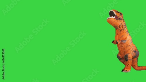 A man dressed in a funny blow-up dinosaur costume appearing and dancing on a Green Screen, Chroma Key.