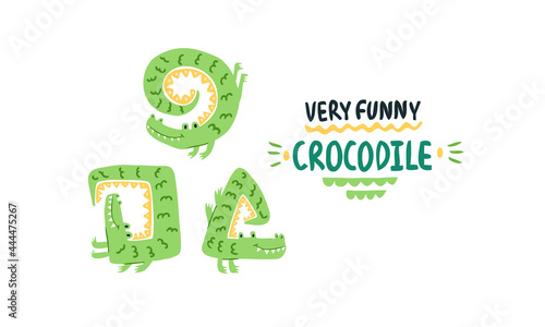 Cute naughty crocodile. Different poses simple kids naive funny cartoon style. Illustration for an album, poster, clothing, fabric