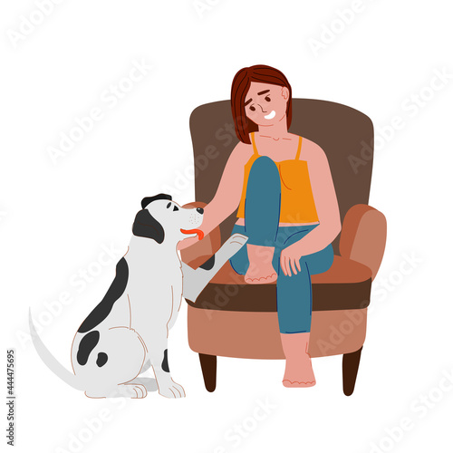 Woman with dog. Cartoon happy female character sitting on arm chair and looking at pet touching his knees. Stress, sadness, trouble, animal, pet, support concept flat vector illustration on white.