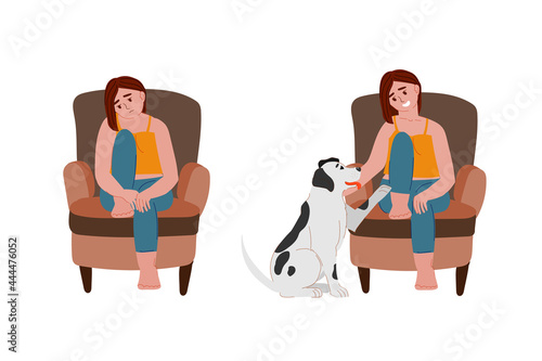 sad and happy woman with a dog. home pet from the shelter. before and after. life with and without a dog. support, love, care, depression, sadness from a pet. animal shelter and home. stock vector.