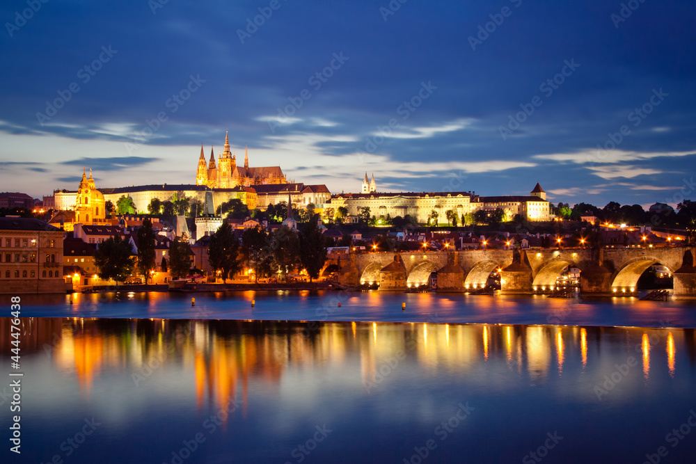 Evening view of the city. St. Vitus Cathedral in the evening. Ch