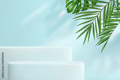 Abstract background with geometric shapes in pastel blue. A minimalistic scene with a set of podiums and tropical leaves in the background for product demonstration.