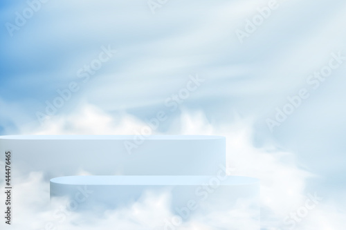 Abstract realistic background with pedestals on the background of the sky in the clouds. Set of empty podiums to showcase the product in pastel colors.