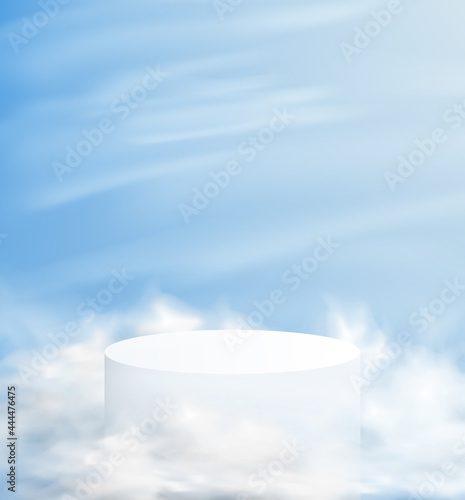 Abstract minimalistic background with a pedestal in the clouds. Empty podium for product demonstration with blue sky on background.