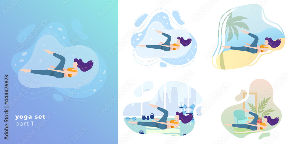 Set illustration woman, girl in sportswear or fitness suit doing yoga at home, gym, outdoors, beach, abstract background