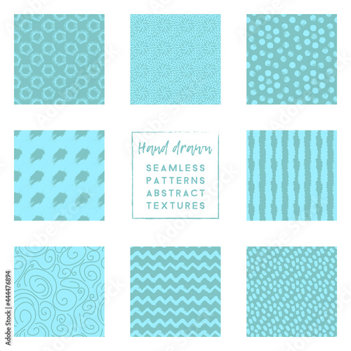 Wallpaper Mural Set of seamless patterns with turquoise blue hand drawn spots and lines Torontodigital.ca