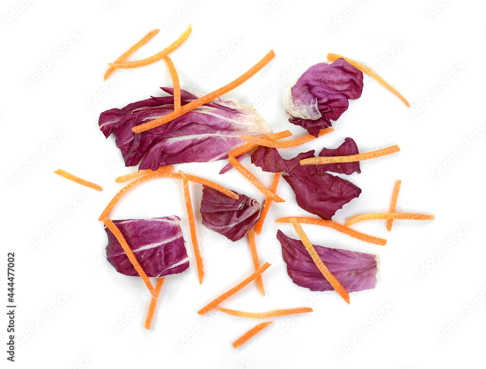 Fresh Radicchio red and longitudinally thinly chopped carrotsisolated on a white background. Fresh Radicchio red and longitudinally thinly chopped carrotsisolated on a white background.