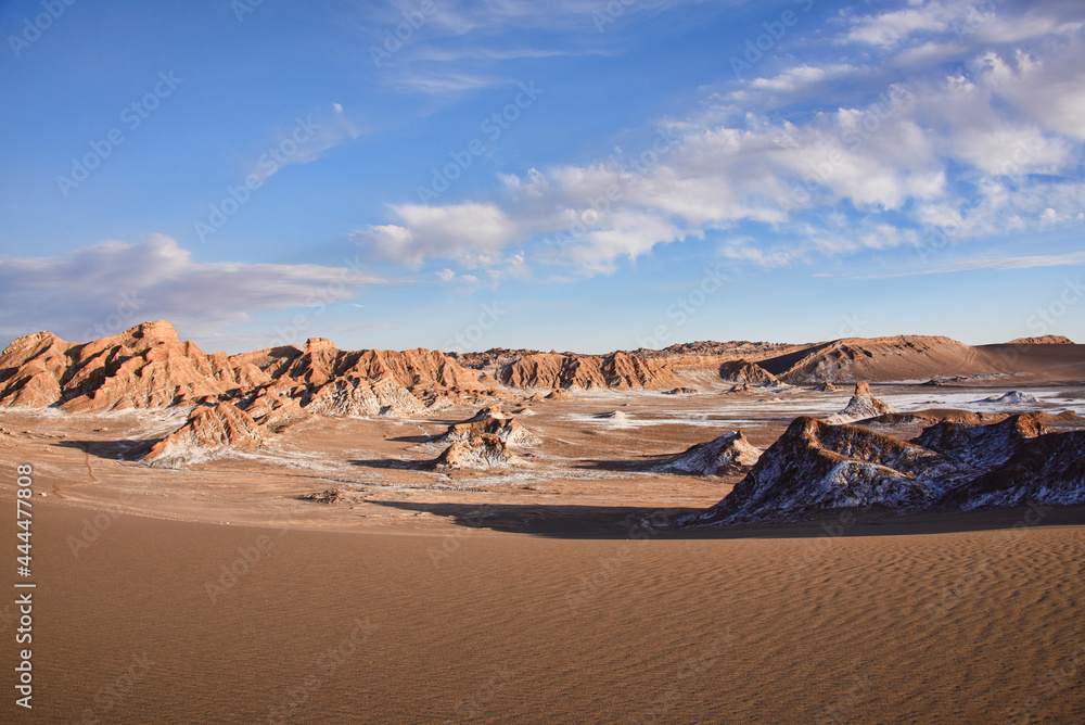 Salt, sand, and desertscape in the Moon Valley, San Pedro de Atacama, Chile