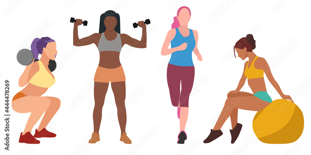 A collection of four different women are engaged in sports. Gymnastics, running, weightlifting, fitness. Healthy Life A collection of four different women are engaged in sports. Gymnastics, running, weightlifting, fitness. Healthy Life