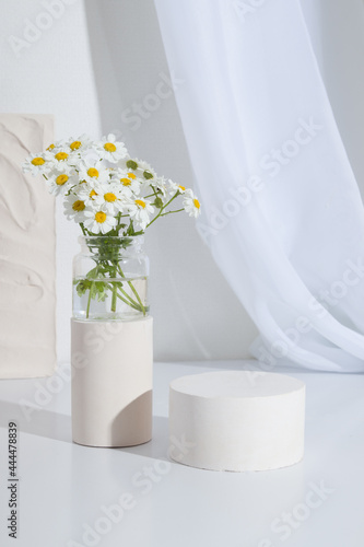 Murais de parede Empty cylindrical cor plinth with chamomile flowers on a white background