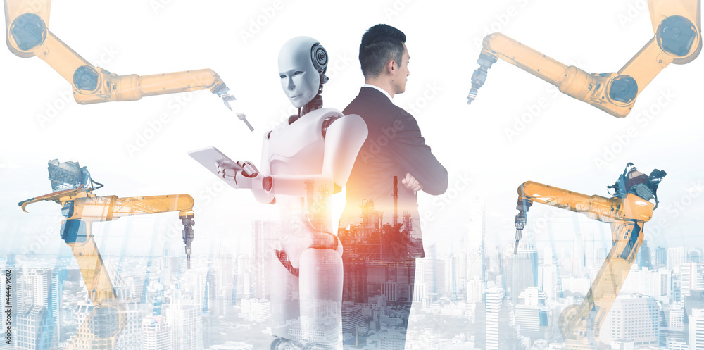 Mechanized industry robot and human worker working together in future ...