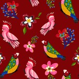 Abstract Hand Drawing Parrots Birds and Flowers Seamless Pattern Isolated Background