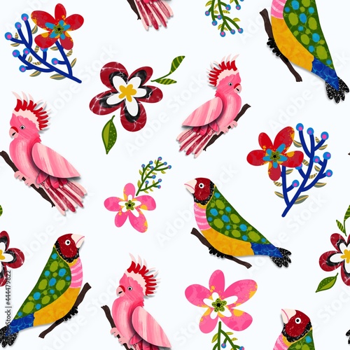 Abstract Hand Drawing Parrots Birds and Flowers Seamless Pattern Isolated Background