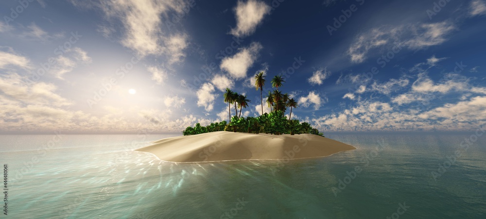 Island in the ocean in the tropics at sunset, tropical island with palm trees at sunrise, 3d rendering - obrazy, fototapety, plakaty 