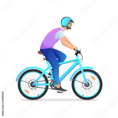 Fototapeta Naklejka Na Ścianę i Meble -  Blue retro bicycle, cycle, bike with man, boy in purple vest isolated on white background. Vector illustration for design, flyer, poster, banner, web, advertising.