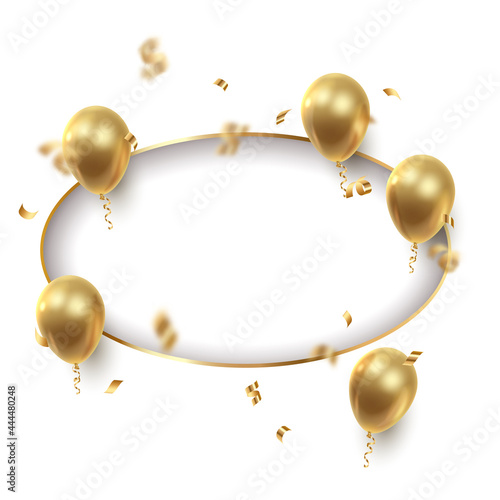 Poster witn realistic golden ballons, ribbons, serpentine, confetti and white paper cut ellipse. Vector illustration for card, party, design, flyer, poster, decor, banner, web, advertising. 