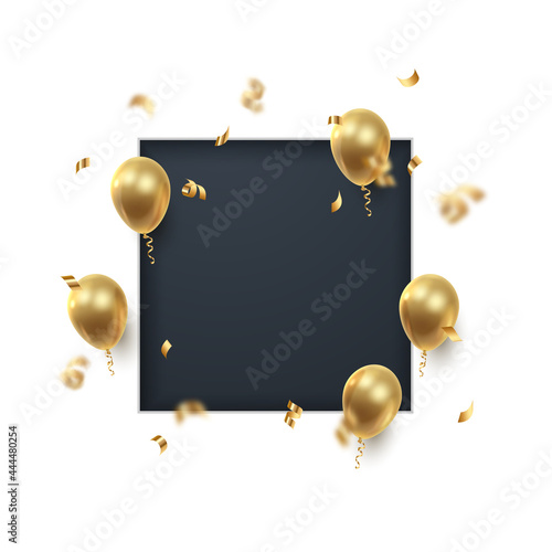 Poster witn realistic golden ballons, ribbons, serpentine, confetti and black paper cut square. Vector illustration for card, party, design, flyer, poster, decor, banner, web, advertising.