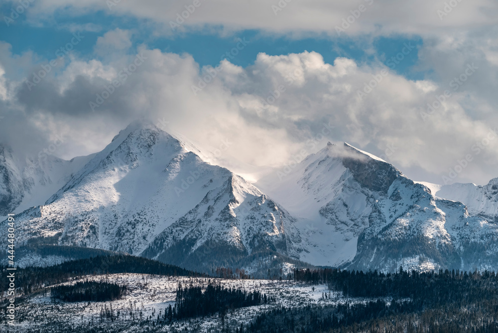 Beautiful spring landscape with a view of the Tatra Mountains