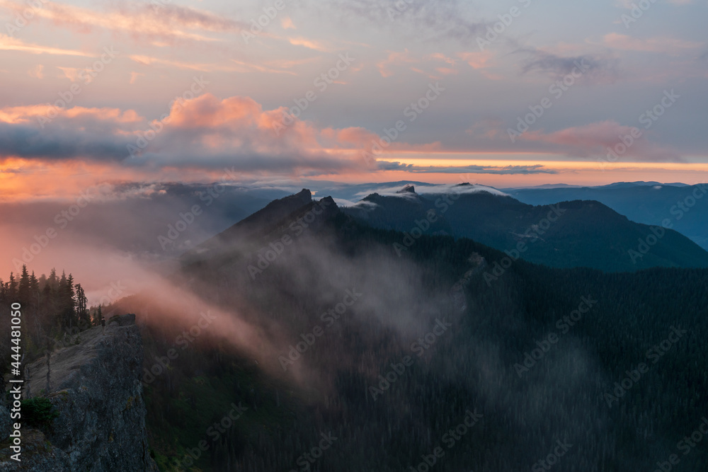 Clouds and Sunset Over High Rock Lookout Close to Mount Rainier National Park