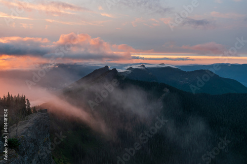 Clouds and Sunset Over High Rock Lookout Close to Mount Rainier National Park