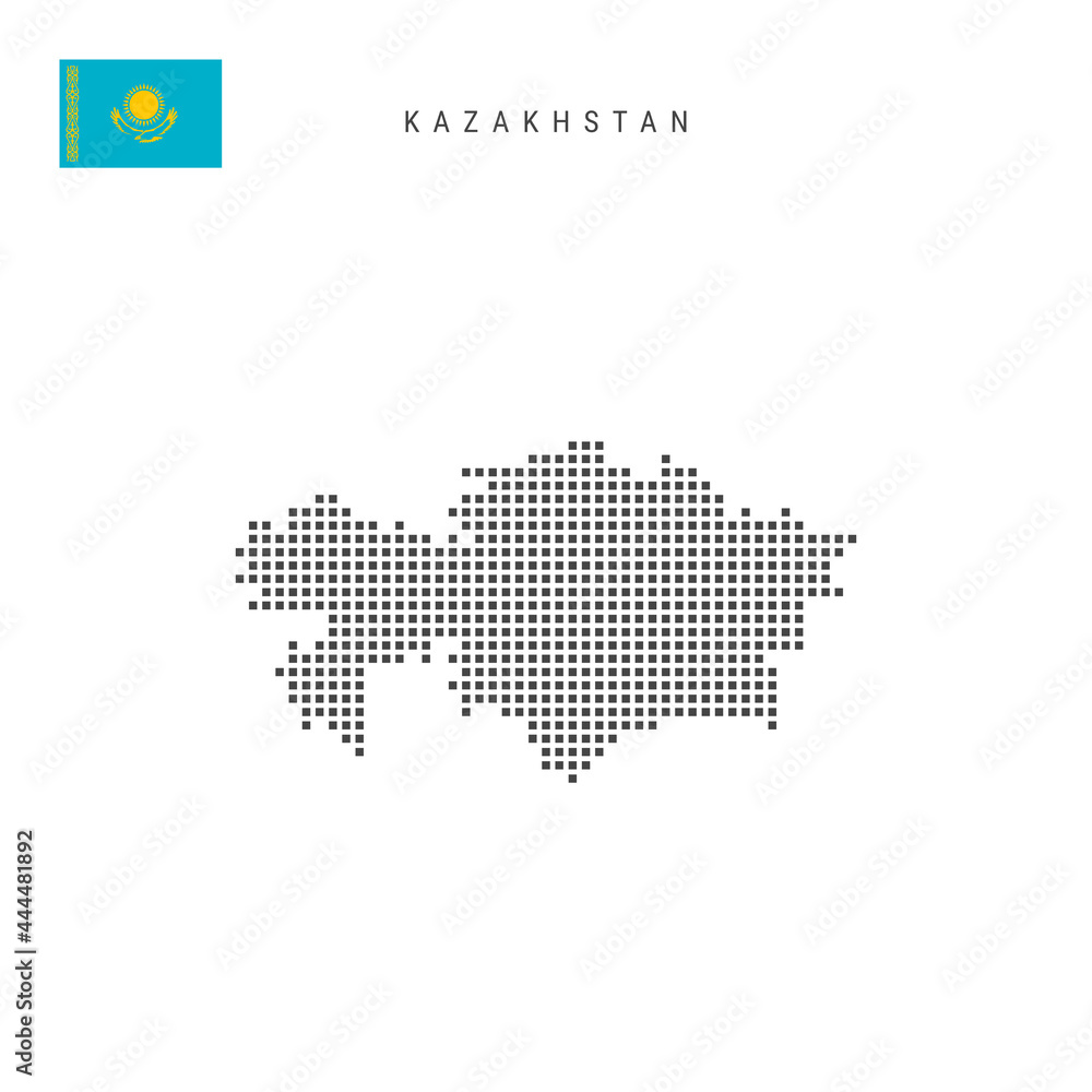Square dots pattern map of Kazakhstan. Kazakh dotted pixel map with flag. Vector illustration
