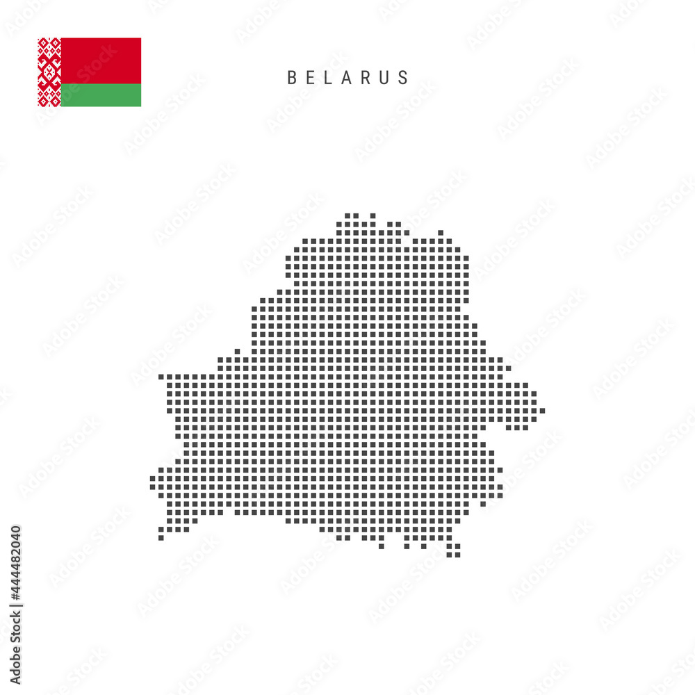 Square dots pattern map of Belarus. Belorussian dotted pixel map with flag. Vector illustration
