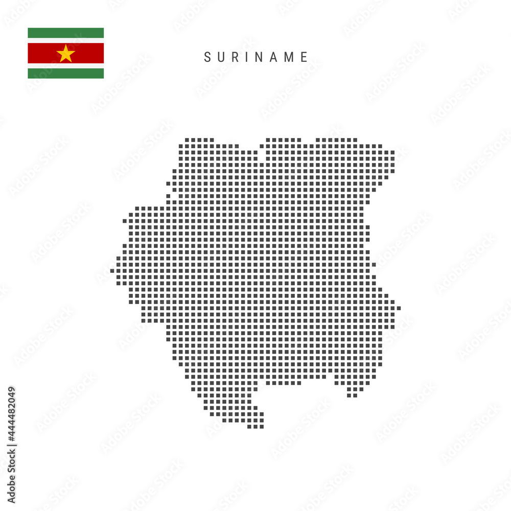 Square dots pattern map of Suriname. Surinamese dotted pixel map with flag. Vector illustration