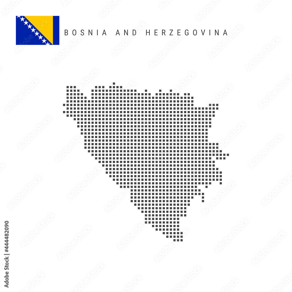 Square dots pattern map of Bosnia and Herzegovina. Bosnian dotted pixel map with flag. Vector illustration