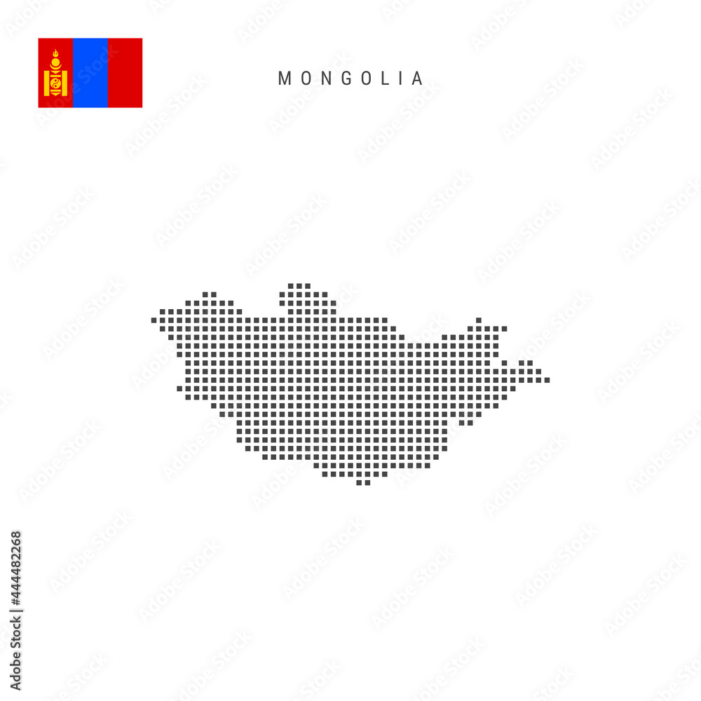 Square dots pattern map of Mongolia. Mongolian dotted pixel map with flag. Vector illustration