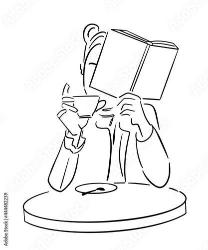 Girl reading book drinking coffee. Black line sketch on white background. Vector illustration.