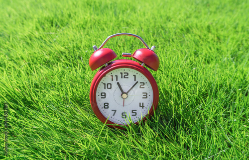 Alarm clock on the lawn. 芝生の上の目覚まし時計