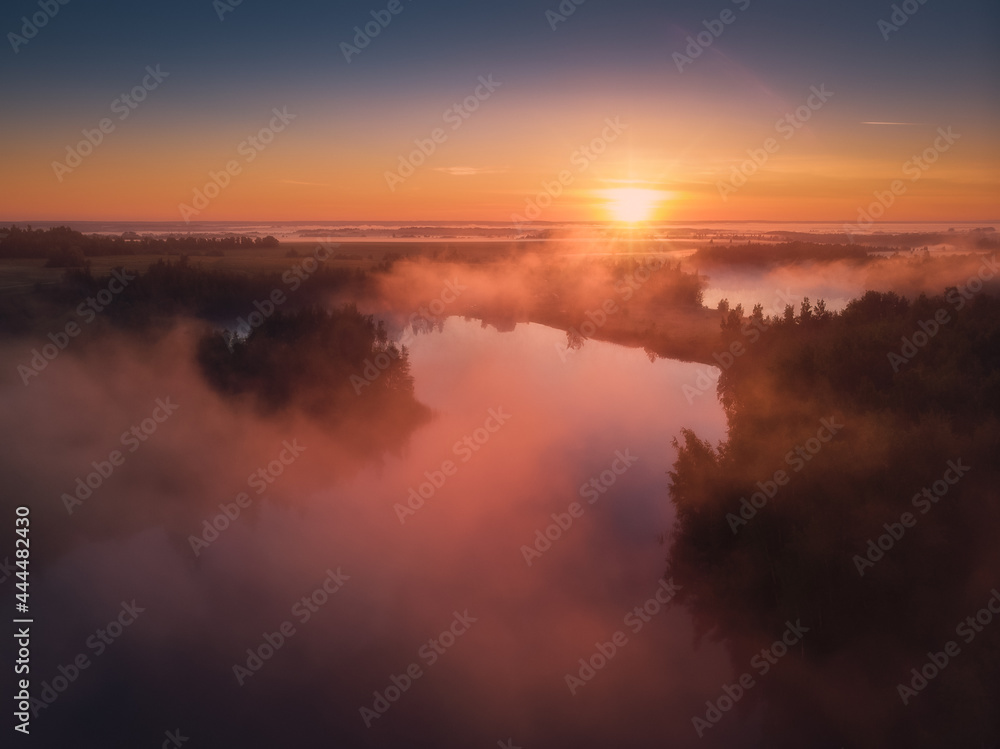 Aerial drone view of nature landscape. Colorful sunrise in Romantsevskiye Gory, Konduki in morning. Tula oblast, Russia. Popular weekend destination