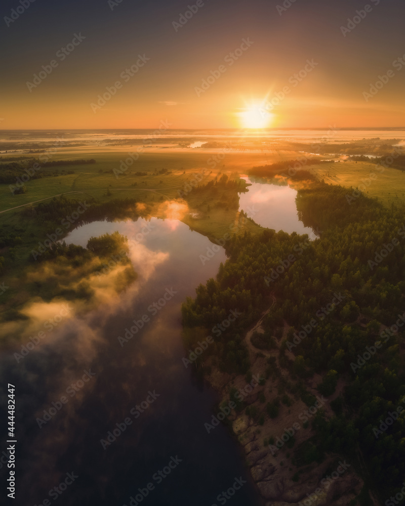 Fototapeta premium Aerial drone view of nature landscape. Colorful sunrise in Romantsevskiye Gory, Konduki in morning. Tula oblast, Russia. Popular weekend destination