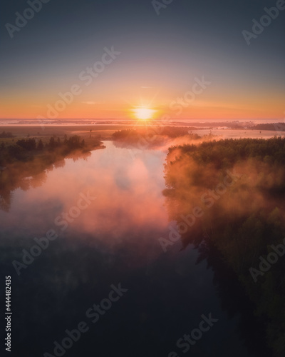 Aerial drone view of nature landscape. Colorful sunrise in Romantsevskiye Gory  Konduki in morning. Tula oblast  Russia. Popular weekend destination
