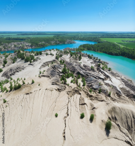 Aerial drone view of nature landscape. Clear blue sky at daytime in Romantsevskiye Gory, Konduki. Tula oblast, Russia. Popular weekend destination photo