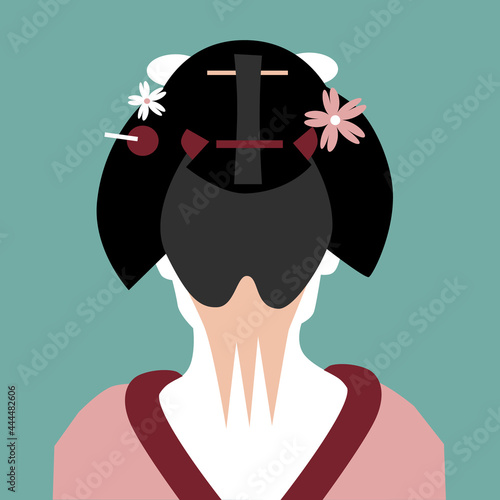 Vector portrait of a geisha in a flat style, back of the head, hairstyle. Green background